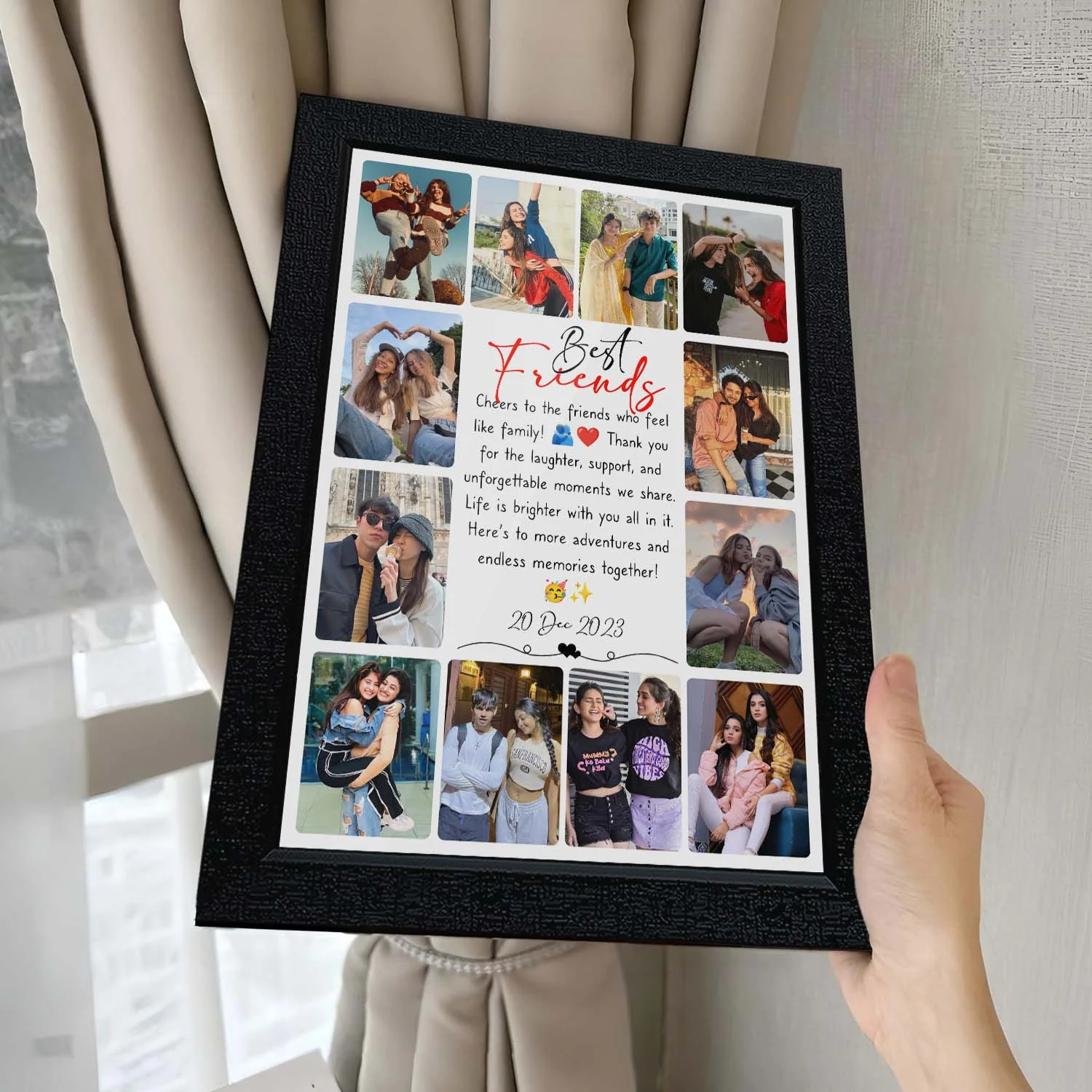 Personalized Dark Walnut Wood Square Grid Collage Frame – 12-Photo Family Story Wall Frame