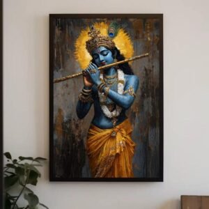 Majestic Lord Krishna Playing Bansuri Framed Wall Artwork | Modern Oil Painting Style Devotional Canvas Print
