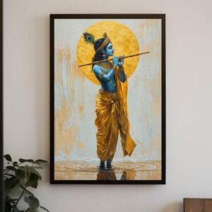 Lord Krishna Standing in Water Canvas Wall Painting – Golden Sun Aura Divine Art Print