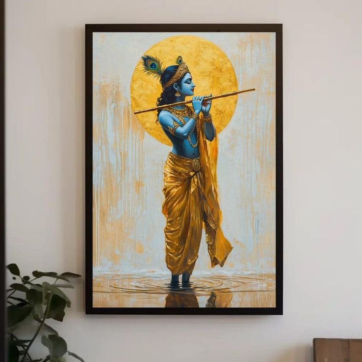 Lord Krishna Standing in Water Canvas Wall Painting – Golden Sun Aura Divine Art Print