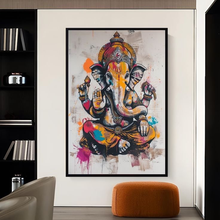 Vibrant Lord Ganesha Framed Wall Artwork | Urban Street Art Style Vinayaka Canvas Print for Home Decor