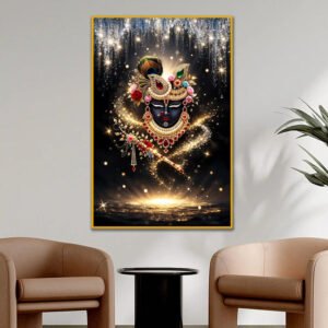 Radiant Divine Krishna with Flute & Glowing Stardust Wall Art Frame
