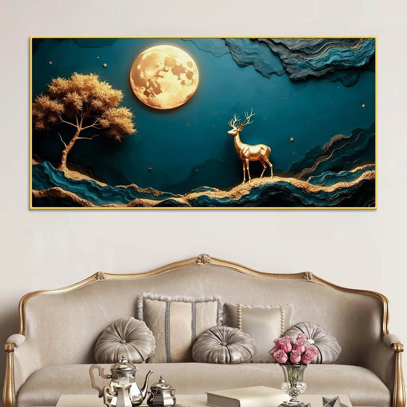 Enchanting Golden Deer & Moon 3D-Effect Panoramic Wall Art - Image 5