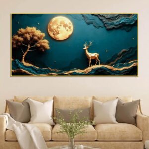 Enchanting Golden Deer & Moon 3D-Effect Panoramic Wall Art