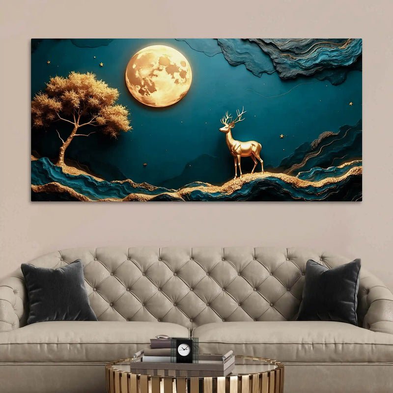 Enchanting Golden Deer & Moon 3D-Effect Panoramic Wall Art - Image 4