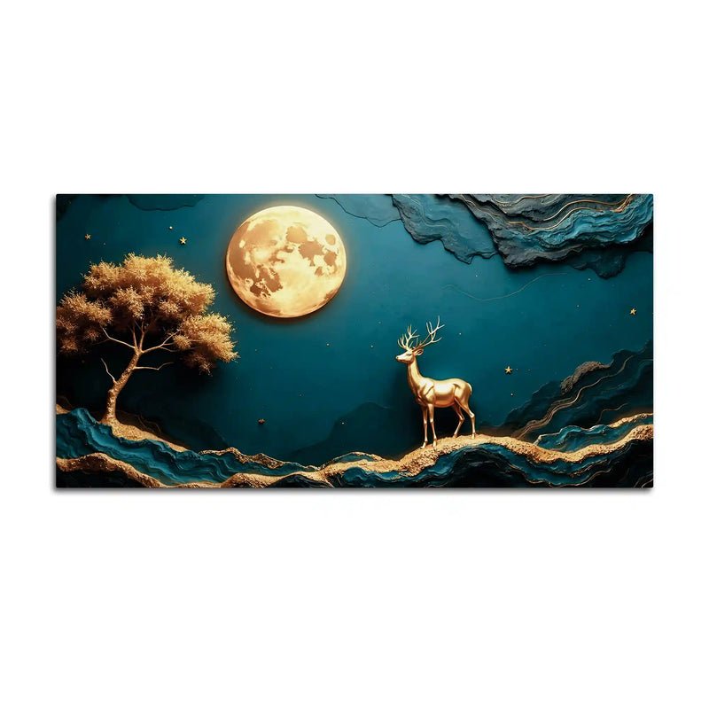 Enchanting Golden Deer & Moon 3D-Effect Panoramic Wall Art - Image 2
