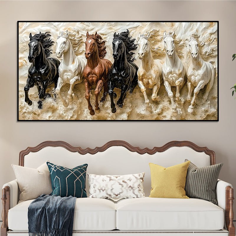 Majestic 7 Running Horses 3D-Effect Panoramic Wall Art | Vastu Decor - Image 5