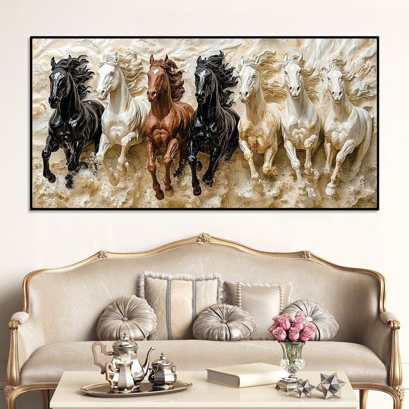 Majestic 7 Running Horses 3D-Effect Panoramic Wall Art | Vastu Decor - Image 3