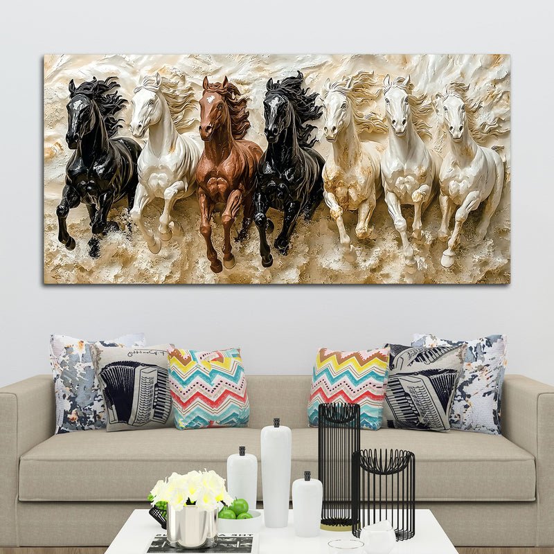 Majestic 7 Running Horses 3D-Effect Panoramic Wall Art | Vastu Decor - Image 2