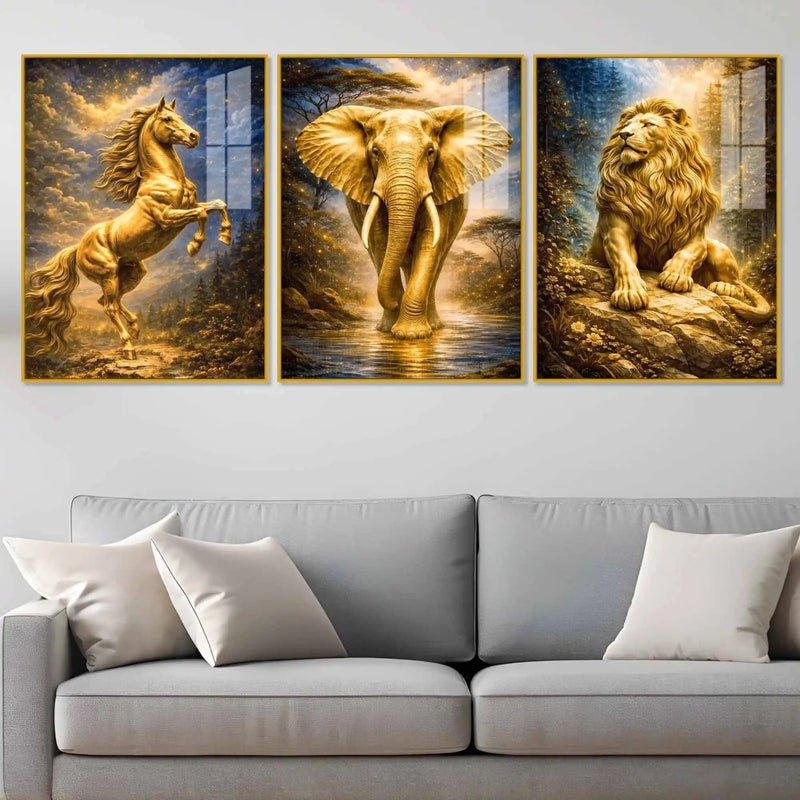 Majestic Golden Wildlife 3-Piece Wall Art Set | Lion, Elephant & Horse
