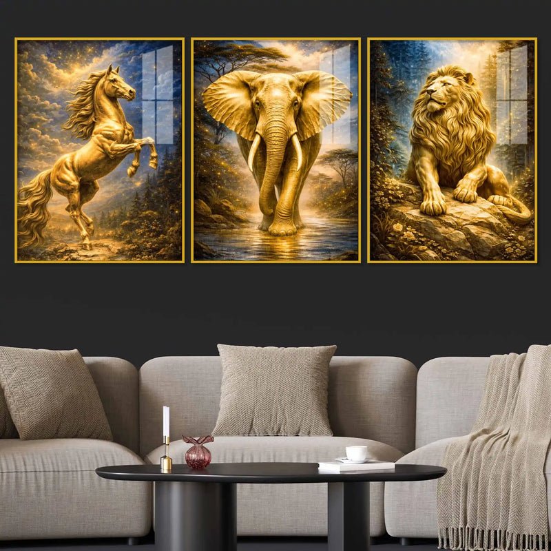 Majestic Golden Wildlife 3-Piece Wall Art Set | Lion, Elephant & Horse - Image 3