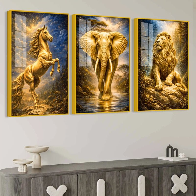Majestic Golden Wildlife 3-Piece Wall Art Set | Lion, Elephant & Horse - Image 2