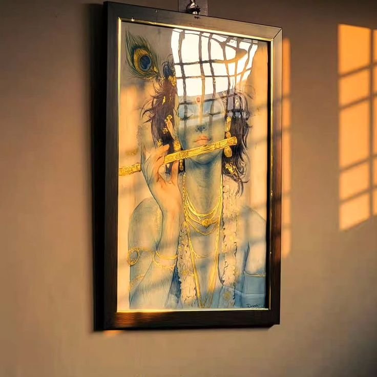 Premium Serene Lord Krishna Flute Art Frame with Gold Accents